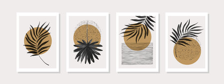 Abstract tropical summer poster set in modern mid century style. Minimal illustration of hand drawn textured sun, watercolor palm leaves for print, cover, boho home decor, wallpaper design Vector artのイラスト素材