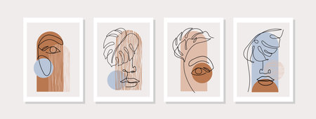 Abstract continuous woman face parts, tropical leaves, geometric shapes poster set in 1950 mid century style. Vector illustration: leaf line art, lines, arch for minimal print, poster, boho wall decorのイラスト素材