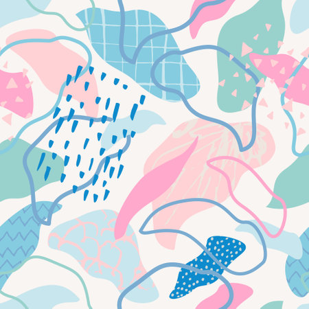 Abstract botanical leaves abstract seamless pattern. Creative doodle art with different shapes and textures. Organic design for summer prints, cover, wallpaper, story background. Vector artのイラスト素材