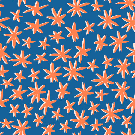 Boho star seamless pattern in orange and dark blue colors. Minimalistic cartoon background with starry night sky. Geometric stars shapes. Vector retro illustration for gift wrapping, nursery wallpaperのイラスト素材