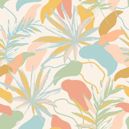 Grunge tropical leaves sketch drawing on abstract foliage background. Collage art. Organic geometric shapes and lines, doodles, dots, colorful leaves seamless pattern. Vector summer illustrationのイラスト素材