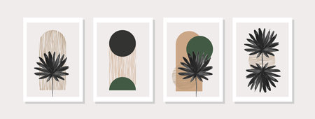 Abstract geometric shapes poster set in 1950s mid century style. Modern illustration: tropical palm leaf, geometry elements for minimal print, poster, boho wall decor, flat design Vector minimal artのイラスト素材