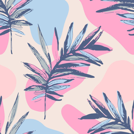 Grunge tropical leaves sketch drawing on abstract background. Collage art. Organic geometric shapes and lines, colorful leaves seamless pattern. Vector summer illustrationのイラスト素材