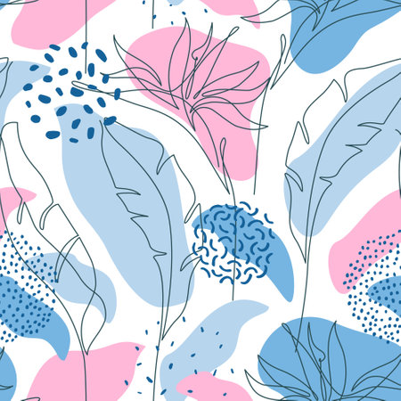 Geometric organic shapes, one line continuous tropical leaf, flower in minimal style. Botanical leaves abstract seamless pattern for summer prints, cover, wallpaper, story background. Vector artのイラスト素材