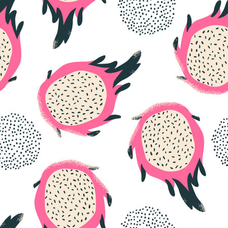 Abstract dragon fruit, dotted doodle seamless pattern. Tropical fruits on geometric background. Vector illustration for kitchen wallpaper, health care products, fabric, textile designのイラスト素材