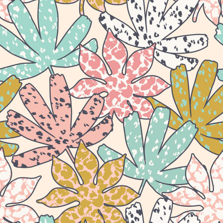 Abstract repeating tropical leaves background. Bold cartoon leaves with animal print seamless pattern. Vector summer illustration for vintage retro pop art collage design, wallpaper, swimwearのイラスト素材
