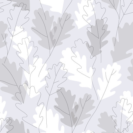 Autumn oak leaves silhouettes and continuous line art wallpaper. Botanical background design with elegant leaves, floral outline. Vector seamless pattern for wall decoration, print, fall wallpaperのイラスト素材
