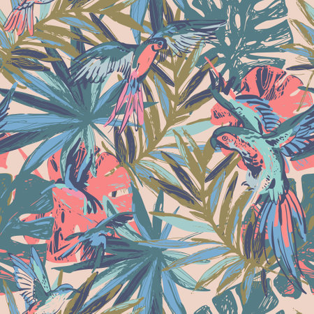 Flying exotic birds, palm, monstera leaves seamless pattern. Colorful parrots, humming bird, jungle forest ink sketch background. Summer tropical wildlife vector illustration for wallpaper, textileのイラスト素材