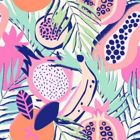 Abstract dragon fruit, papaya, orange, banana, pomegranate drawing seamless pattern. Tropical fruits background. Vector illustration for kitchen wallpaper, health care products, fabric, textile designのイラスト素材