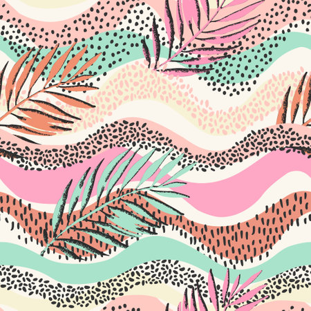 Colorful grunge textured palm leaves on wavy seamless pattern. Abstract tropical leaf on sea wave background. Vector summer tropics illustration for surface design, prints, cover, home deco wallpaperのイラスト素材