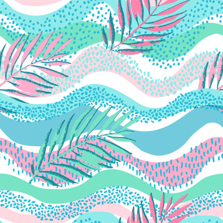 Colorful grunge textured palm leaves on wavy seamless pattern. Abstract tropical leaf on sea wave background. Vector summer tropics illustration for surface design, prints, cover, home deco wallpaperのイラスト素材