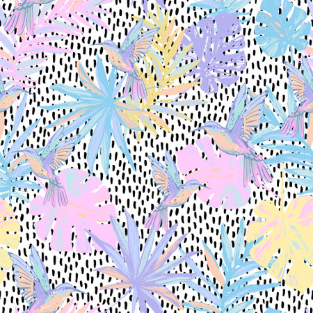 Flying exotic birds, palm, monstera leaves seamless pattern. Colorful humming bird, jungle ink sketch background. Summer tropical wildlife vector illustration for wallpaper, textile, fabric designのイラスト素材