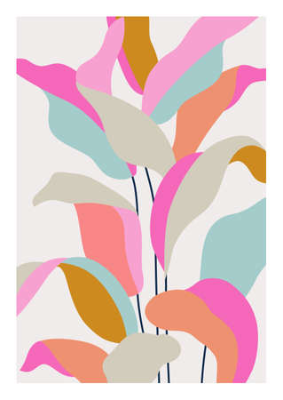 Elegant botanical leaves abstract wall poster. Tropical leaves bush modern art. Organic shapes design for wall framed prints, cover, poster, home deco, social media post, story background. Vector artのイラスト素材