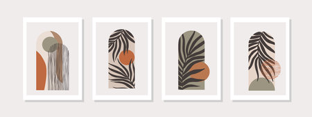 Abstract geometric shapes poster set in 1950s mid century style. Modern illustration: tropical palm leaf, geometry elements for minimal print, poster, boho wall decor, flat design Vector minimal artのイラスト素材