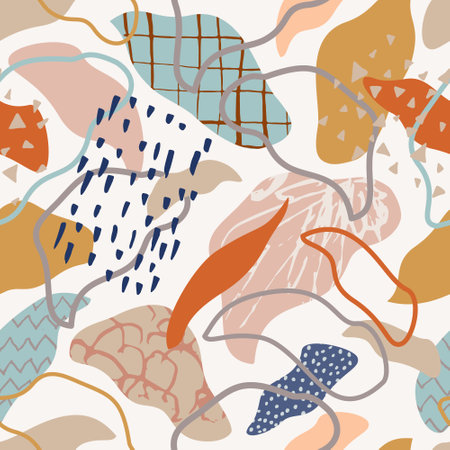 Abstract botanical leaves abstract seamless pattern. Creative doodle art with different shapes and textures. Organic design for summer prints, cover, wallpaper, story background. Vector artのイラスト素材