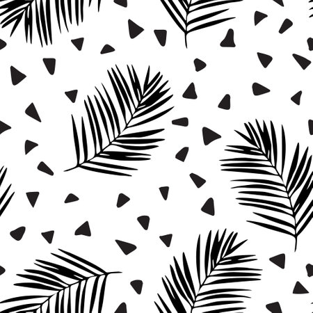 Abstract palm leaves silhouettes, small random triangles seamless pattern. Abstract tropical leaf on geometric background. Vector summer tropics illustration for prints design, cover, wallpaperのイラスト素材