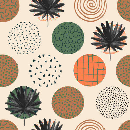 Watercolor palm leaves, textured circle row seamless pattern. Abstract tropical leaf on geometric background. Vector illustration for prints design, cover, home deco wallpaper, back to school conceptのイラスト素材
