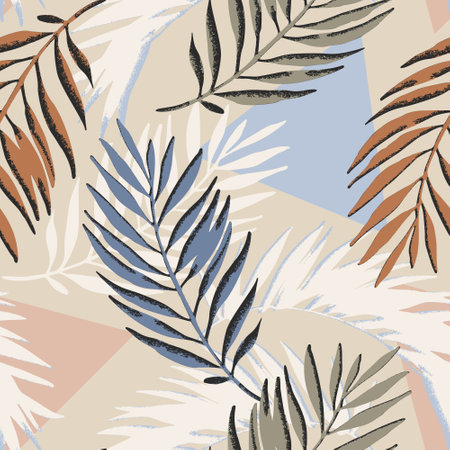 Colorful grunge textured palm leaves, triangles seamless pattern. Abstract tropical leaf on geometric background. Vector summer tropics illustration for prints design, cover, home deco wallpaperのイラスト素材