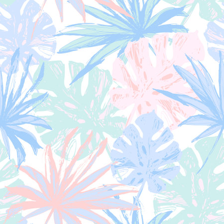 Hand drawn tropical leaves background in trendy pastel colors. Colorful palm leaf seamless pattern. Summer vector illustration for pop art paper, 90s, 80s style fabric design, swimwear, wallpaperのイラスト素材