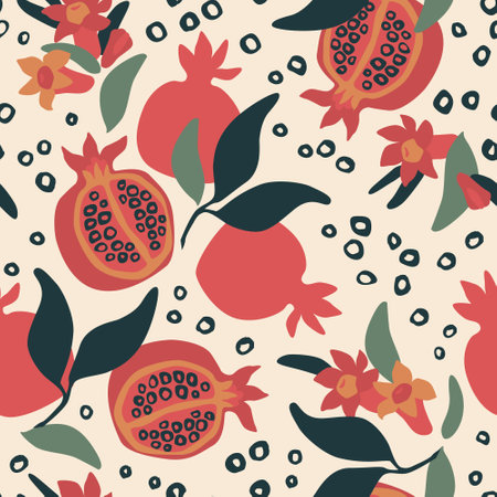 Abstract pomegranate drawing seamless pattern. Fresh organic fruits and blooming flowers on seeds background. Vector illustration for kitchen wallpaper, health care products, fabric, textile designのイラスト素材