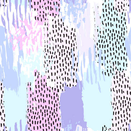 Hand drawn brush strokes doodles seamless pattern. Abstract paint stroke, dots, spots, stains, smears with minimal texture background. Minimal wallpaper design, fabric, textile print. Vector artのイラスト素材