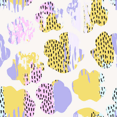 Abstract floral shapes with texture, scribble, brush strokes background. Hand painted stroke, dots, stains, smears minimal texture flower seamless pattern. Minimal print design. Vector artのイラスト素材