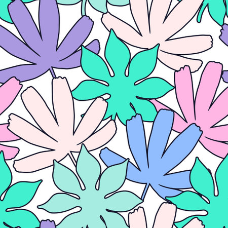 Abstract tropical leaves repeating background. Bold cartoon leaves with outline, contour seamless pattern. Vector summer illustration for vintage retro pop art collage design, wallpaper, swimwearのイラスト素材