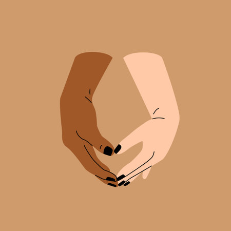 Couple holding hands flat line drawing. Happiness concept. Mixed race relationship. Romantic date concept illustration. Simple vector art for Saint Valentine's day card, banner, poster flyer.のイラスト素材