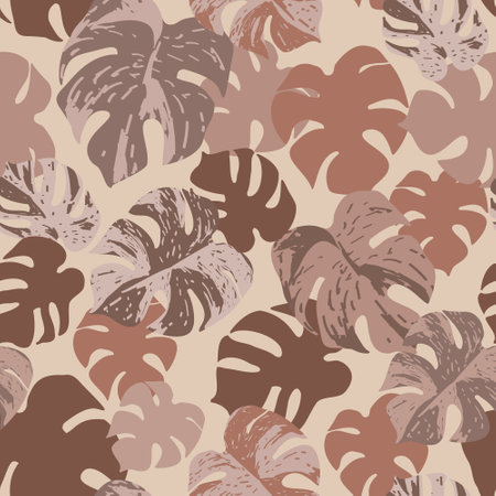 Grunge textured tropical leaves seamless pattern. Vector background with monstera plant, hand drawn texture in retro colors. Tropic illustration for summer design, floral prints, wallpaperのイラスト素材