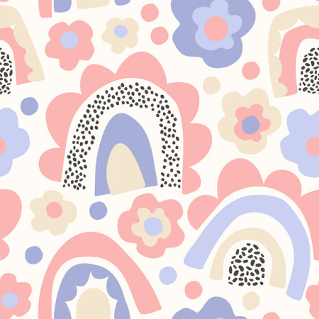 Funky bold rainbow print in pastel colors. Abstract daisy flower, minimal doodle rainbows seamless pattern. Decorative kids background. Vector art illustration for wrapping, textile, fabric, wallpaperのイラスト素材