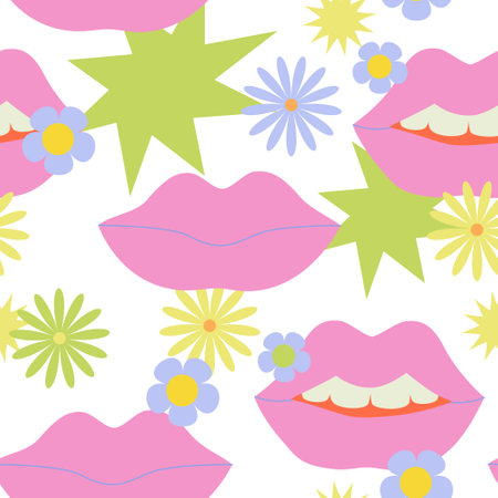 Comic female lips background in pop art, psychedelic hippie retro style. Abstract seamless pattern: sensual lips, daisy flowers, stars. Vector illustration for Valentine's day design, paper wrappingのイラスト素材