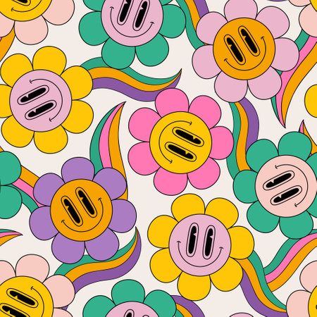 Abstract smiling flower face funny rainbows seamless pattern in 70s hippie style. Daisy blossom on rainbow background. Cartoon happy smiling flowers art illustration for retro vintage wallpaper designのイラスト素材