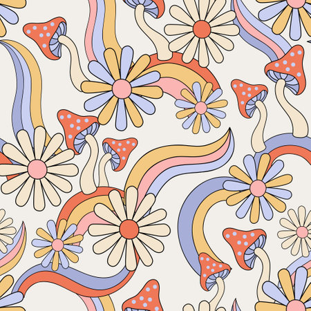 Psychedelic floral background in 70s 80s retro hippie style. Fun daisy chamomile flowers, mushrooms, rainbows seamless pattern. Vector art illustration for contemporary design, groovy floral fabricのイラスト素材