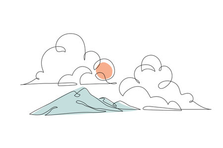 Mountain landscape continuous one line vector drawing. Abstract line drawing line with mountains, sun, cloudscape. Vector nature wallpaper for minimal poster, templateのイラスト素材
