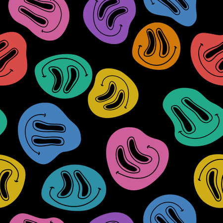 Abstract smiling face seamless pattern in 70s hippie style. Funny melting smiling happy characters background. Cartoon art illustration for retro vintage wallpaper designのイラスト素材