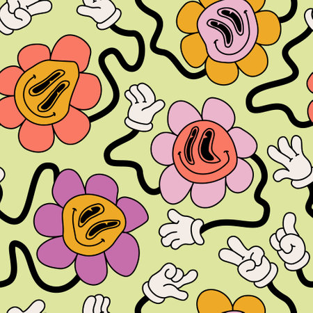 Abstract smiling flower face seamless pattern in 70s hippie style. Daisy blossom background. Funny melting smiling happy flowers characters Cartoon art illustration for retro vintage wallpaper designのイラスト素材