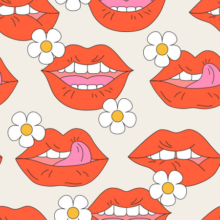 Comic female lips background in pop art, psychedelic hippie retro style. Abstract mouth with flowers, sensual lips, positive emotions seamless pattern. Vector illustration for Valentine's day designのイラスト素材