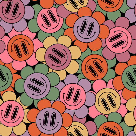 Abstract smiling flower face seamless pattern in 70s hippie style. Big daisy blossom background. Cartoon happy smiling flowers art illustration for retro vintage wallpaper design.のイラスト素材