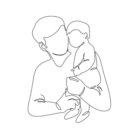 Father little kid line drawing. Abstract family continuous line art. Young dad hugging son. Dad and son bonding. Hand drawn illustration for Father's Day, loving family, parenthood childhood conceptのイラスト素材