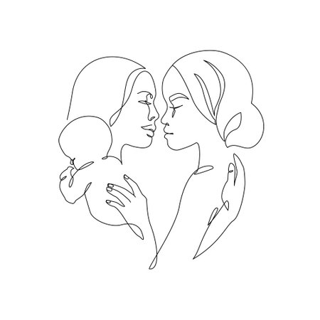 Abstract lesbian couple with a child line art drawing. LGBT lesbian homosexual family. Women hugging, mixed race partners Continuous line vector illustration for love moments happiness conceptのイラスト素材