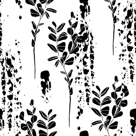 Abstract paint brush strokes and plant twig silhouettes seamless pattern. Vector rough textured brushstroke painted stripes, florals background. Hand drawn illustration for wrapping paper, fabricのイラスト素材