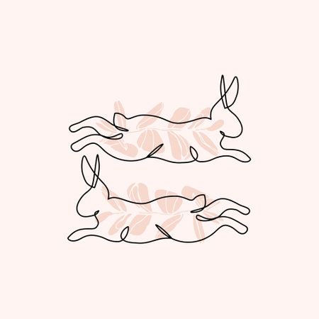 Abstract rabbit line art on floral background. Symbol of Chinese New Year zodiac. Hand drawn cute bunny emblem. Cartoon vector illustration for party, celebration invitation, cardのイラスト素材