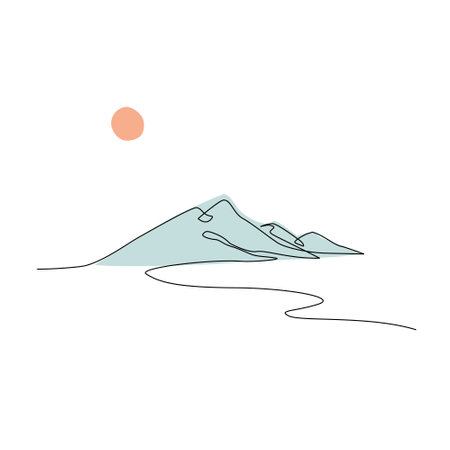 Abstract mountain range landscape, flat scenery background. Blue mountains panoramic view. One line nature illustration. Vector sunset wallpaper for minimal poster, template, adventure tourismのイラスト素材