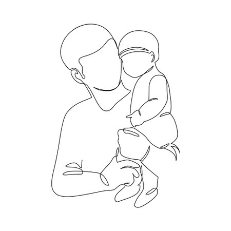 Father little kid line drawing. Abstract family continuous line art. Young dad hugging son. Dad and son bonding. Hand drawn illustration for Father's Day, loving family, parenthood childhood conceptのイラスト素材