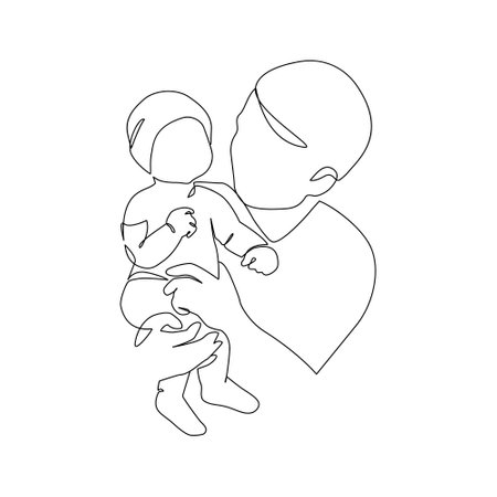 Father little kid line drawing. Abstract family continuous line art. Young dad hugging son. Dad and son bonding. Hand drawn illustration for Father's Day, loving family, parenthood childhood conceptのイラスト素材