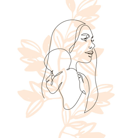 Woman holding baby minimal one line art. Mother and child. Young mom hugging baby on floral background. Vector illustration for Happy International Mother's Day card, loving family, parenthood conceptのイラスト素材