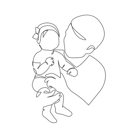Father little kid line drawing. Abstract family continuous line art. Young dad hugging daughter. Dad child bonding Hand drawn illustration for Father's Day, loving family, parenthood childhood conceptのイラスト素材