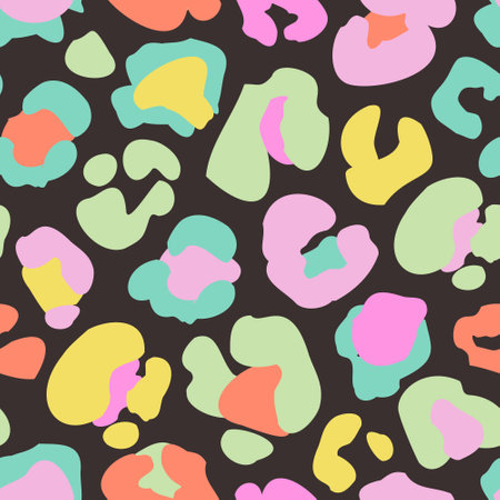 Animal skin print in rainbow colors, 90s style. Colorful leopard spot seamless pattern design. Abstract blob, rosettes texture. Bold summer vector illustration for surface wrapping, fun fabric designのイラスト素材