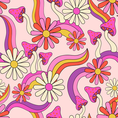 Psychedelic floral background in 70s 80s retro hippie style. Fun daisy chamomile flowers, mushrooms, rainbows seamless pattern. Vector art illustration for contemporary design, groovy floral fabricのイラスト素材