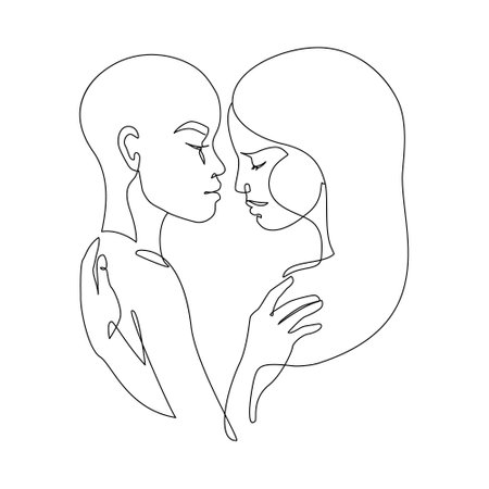 Abstract lesbian couple line art drawing. LGBT lesbian homosexual family. Women kissing, hugging, mixed race partners. Continuous line vector illustration for love moments happiness concept, pride dayのイラスト素材